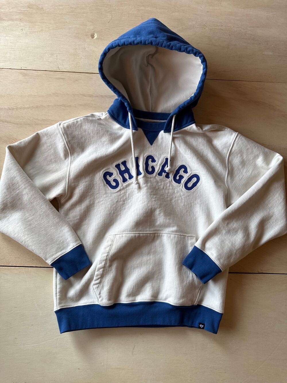 Chicago Cubs 47 Brand Cream Blue Afterhood Hoodie Chainstitch Logo Mens M
